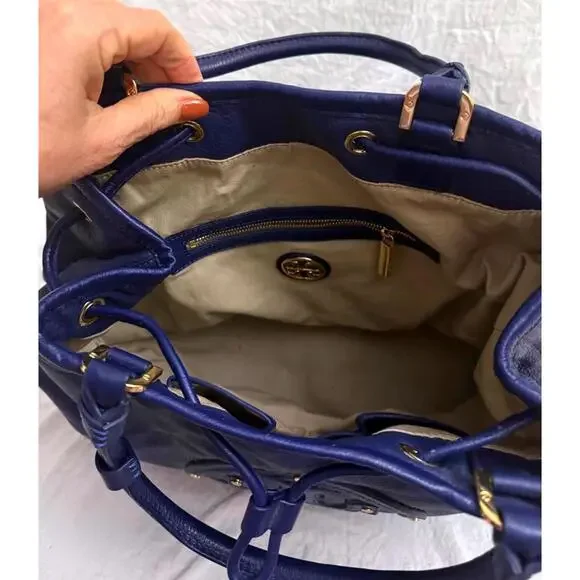 Tory Burch large blue leather bucket purse with gold accents - Picture 9 of 12